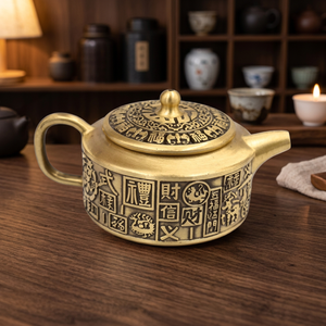 กาน้ำชาทองเหลืองแบบจีนโบราณพร้อมฝาและหูจับ ตกแต่งด้วยลายอักษรโบราณ - Product Image 4
