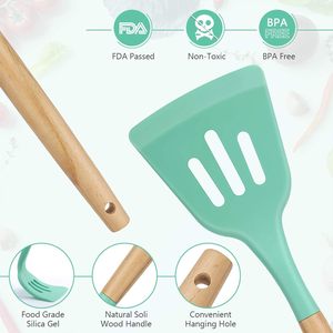 Juego <span class=keywords><strong>de</strong></span> 14 utensilios <span class=keywords><strong>de</strong></span> cocina <span class=keywords><strong>de</strong></span> silicona <span class=keywords><strong>de</strong></span> grado alimenticio, sin BPA, antiadherentes, espátula, cuchara, volteador con mango <span class=keywords><strong>de</strong></span> madera, OEM, personalizado, venta al por mayor - Product Image 4