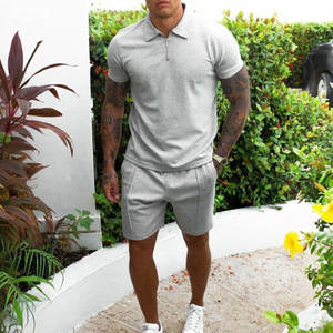 S-3XL Herren Trainings anzug Baumwolle Einfarbig Kurzarm Reiß verschluss Polo Shirt & Shorts Set Für Herren Casual Streetwear 2-teiliger Anzug Sommer - Product Image 1