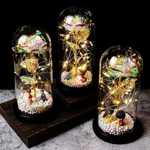 Mother's Day Gift Artificial Decorative Flower Galaxy Rose 24 K Golden Foil Rose In Glass Dome LED For In Valentine's Day Gift