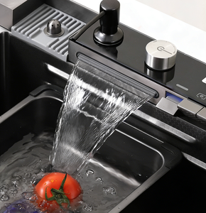 black stainless steel kitchen sink double bowl <b>workstation</b> sink with waterfall faucet and led temperature display - Product Image 1