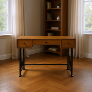 Escritorio Antiguo de 3 Cajones con Superficie de Madera y Patas de Metal Negro para Oficina en Casa o Computadora - Product Image 2