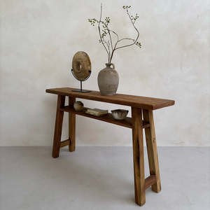 Antique Recycled Pine Wood Console Side Table <b>Space</b>-<b>Saving</b> Home Office <b>Desk</b> Furniture Metal Frame Shelf Living Room Dining Area - Product Image 5