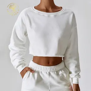 Custom Gym Apparel Women Fitness White Round Neck Long Sleeve Blouse Activewear Oversized Crop Tops Workout Sweatshirt For Women