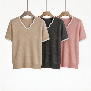 Vente en gros usine – Nouveau pull tricoté décontracté à col en V <span class=keywords><strong>et</strong></span> manches courtes, motif vague festonnée contrastante blanche, pour <span class=keywords><strong>femme</strong></span> - Product Image 2