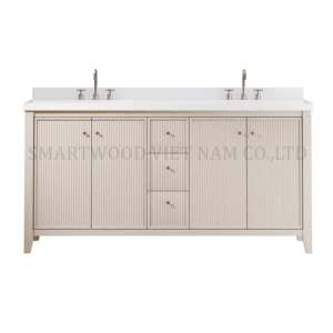 Villa Style Solid Wood Plywood <b>Bathroom</b> <b>Cabinet</b> Floor Standing <b>LED</b> Porcelain Basin White Water Resistant Made in Vietnam - Product Image 4