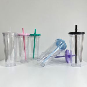 24 Oz Reusable Double Wall <b>Plastic</b> Boba <b>Cups</b> Tumbler Pre-Drilled Bubble Tea <b>Cup</b> With Lids and Straws - Product Image 3