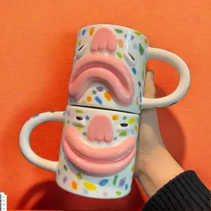 Корейская керамическая кружка с забавным лицом, кружка для кофе, креативная большая кружка для губ, милая кружка с забавным выражением, оригинальная рельефная керамическая чашка