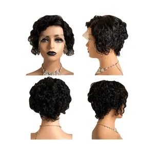Sıcak satış brezilyalı bakire kıvırcık t-bölüm kısa peruk insan saçı siyah kadınlar için dantel Frontal Pixie peruk