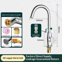 Robinet de cuisine tout en cuivre avec cartouche céramique, eau chaude/froide, bec rotatif, commande par clé pour usage domestique
