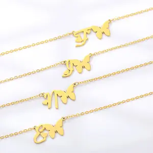 Ali Express Hot Sale Heart Initials Butterfly Necklace Stainless Steel Choker Letters Chain Butterfly Necklace