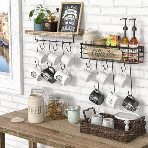 Solid Wood And Wrought Iron Wall Mounted Storage Rack With <b>Hooks</b> For Coffee Cups And Spices Kitchen Organizer - Product Image 4