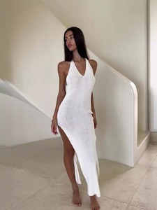 Maglia scollo a V con spacco sulla schiena elegante abito da sera Beachwear estivo <span class=keywords><strong>abbigliamento</strong></span> <span class=keywords><strong>Casual</strong></span> Sexy solido lungo produttore - Product Image 4