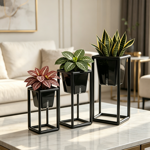 Pot de fleurs auto-arrosant noir moderne <span class=keywords><strong>avec</strong></span> support, jardinière carrée en plastique <span class=keywords><strong>avec</strong></span> indicateur de niveau d'<span class=keywords><strong>eau</strong></span> pour la décoration de la maison et du bureau - Product Image 1