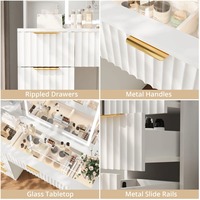 Coiffeuse de table en verre moderne blanc cannelé de style minimaliste avec miroir et tiroirs ondulés Espace de rangement abondant