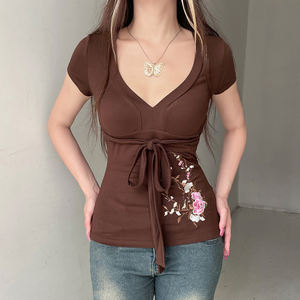 Camiseta de Manga Corta con Cuello en V, Ajustada, de Punto, con Bordado Floral en Contraste de Color Vintage, Fácil de Combinar, Estilo Chica Moderna - Product Image 2