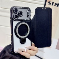 Étui de téléphone en cuir à rabat avec strass pour iPhone 12-18 Pro Max, support magnétique et porte-cartes, coque de protection antichoc