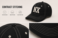 Casquette de baseball 5 panneaux marine personnalisable avec logo, patch lettres crème, surpiqûres contrastées, visière incurvée, broderie, respirante et imperméable