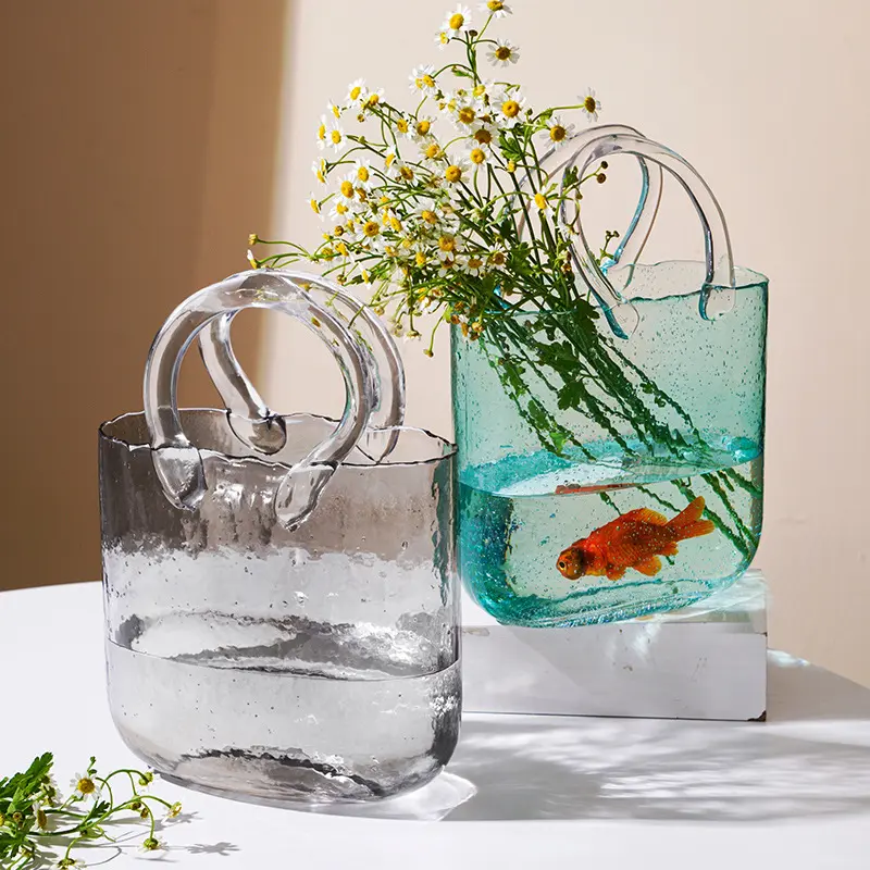 Vaso de vidro para decoração de casa, bolsa de mão em forma de aquário com alça, novidade em estilo nórdico, cor cinza, aquarela e rosa