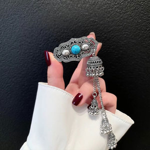 Nouvelle Pince à Cheveux en Alliage de Zinc HTJT, Style Ethnique Chinois, avec Pendentif Clochette Turquoise, pour Femme, Rétro, Haut de Gamme, Luxe Léger - Product Image 4