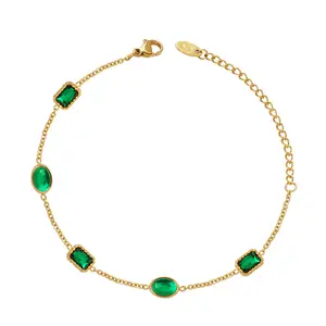 18k Gold Plated Stainless Steel Green Emerald Gemstone Bracelets Women Luxury Square Zircon Waterproof Jewelry Bracelet
