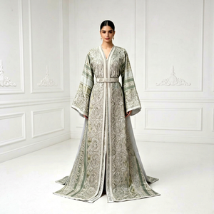 Fashionista Women Modest Floor-Length Embroidered Organza Kaftan Dress V-Neck Sleeveless Paisley Pattern Formal Evening Natural - Product Image 1