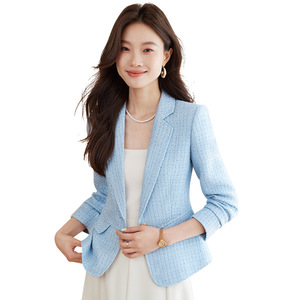 Women's Blazer Light Blue Plaid Polyester Anti-Wrinkle Spring Autumn Wear - Product Image 5