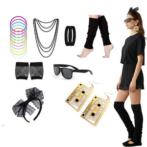 Conjunto de Accesorios para Fiesta Retro de los 80, Diadema de Encaje, Collar, Pulsera, Gafas, Pendientes de Casete, Rodilleras, Kit de Disfraz Disco - Product Image 1