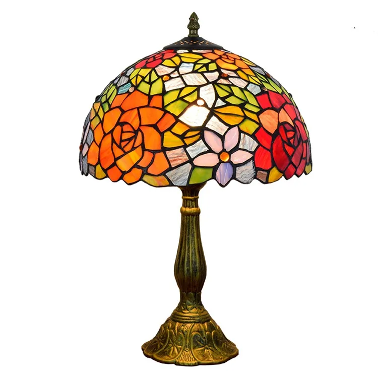 Lampu Dekorasi Seni Mawar Klasik Kreatif Vintage 12 Inci, Lampu Meja Ruang Makan Bar Hotel Pencahayaan Suasana Hati Kaca Berwarna Tiffany