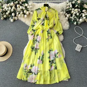 Customized Bow Tie Up Waist Show Thin Super yellow floral Chiffon Printed Dress Women