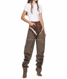 Giày bốt cao quá gối chất liệu denim không co giãn, kiểu dáng unisex, dành cho nam và nữ, gót <span class=keywords><strong>kitten</strong></span>, màu nâu, ống rộng, kiểu scrunch. - Product Image 4