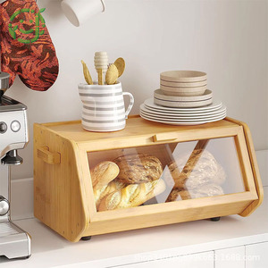 Boîte à pain en bambou avec porte en verre, support de rangement de cuisine pour pain, gâteau, dessert, 30x20x15cm - Product Image 1