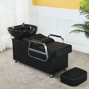 Chaise de Barbier en Bois Noir de Luxe et de Haute Qualité, Équipement de Salon de Beauté avec Unité de Lavage en Céramique et Fonction Massage – Approvisionnement Direct Usine - Product Image 5
