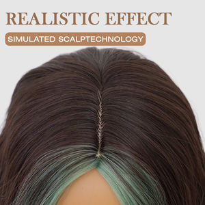 باروكة شعر طويلة سوداء بتموجات مائية مع غرة خضراء مرحة ودانتيل بني داكن، قبعة قابلة للتعديل، بدون غراء، مصنوعة من ألياف عالية الحرارة - Product Image 6