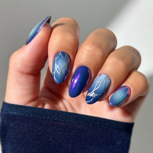 Ongles artificiels de luxe personnalisés bleu et argent, design chromé, en gros, en gel souple amande, style français, pour l'hiver, à presser - Product Image 2