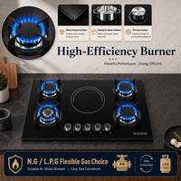 Table de cuisson encastrable quatre feux multi-équipements gaz/électrique avec surface en verre, système d'allumage électronique domestique, alimentation électrique
