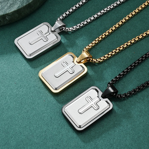 KOMI <span class=keywords><strong>Argent</strong></span> Noir Or Acier Inoxydable Rectangle Médaille Gravé Croix Pendentif <span class=keywords><strong>Collier</strong></span> pour Hommes Boîte Chaîne 24 Pouces Bijoux Cadeaux - Product Image 3
