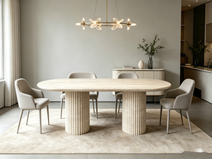 Meubles de salle à manger en pierre naturelle de luxe modernes personnalisés, table ovale avec base cannelée, plateau en travertin <span class=keywords><strong>beige</strong></span>, hôtel - Product Image 1