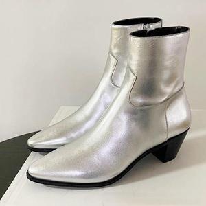 Nuevos zapatos de cuero genuino para hombre, <span class=keywords><strong>botines</strong></span> con punta en pico, botas de tacón cubano Chelsea, botas Chelsea gris plateado - Product Image 2