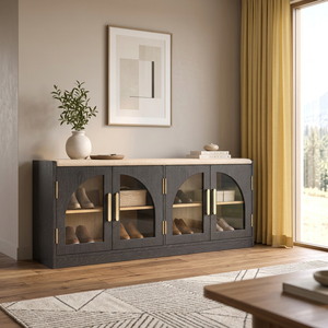 Banco moderno de madera para guardar zapatos con puertas de vidrio arqueadas, tiradores dorados, asiento acolchado, madera oscura para entrada - Product Image 2