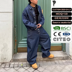 Ensemble en jean personnalisé avec logo OEM, style streetwear old school, veste en jean et jean baggy, 100% coton, denim vintage brut - Product Image 1