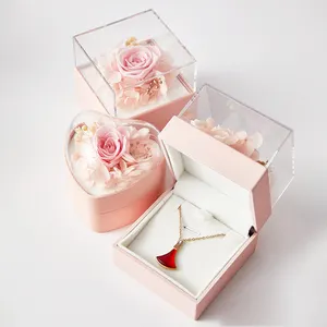 Valentine's Day Luxury Pink Acrylic Heart Shape Flower Jewelry Velvet Ring Box Packaging Jewelry