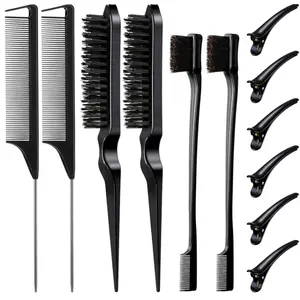 12 pcs hair brush set double sided hair edge brush smooth comb grooming rat tail comb with duckbill clip
