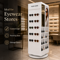 Support de présentation de lunettes de soleil en acrylique blanc personnalisé, rotatif à 360°, sur pied, avec miroir de rangement et logo