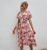 Robe d'été vintage à fleurs MOTE-ZC456, robe midi décontractée à imprimé floral pour femmes, manches courtes, col en V, robe à fleurs