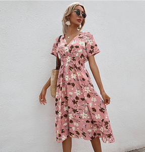 Robe d'été vintage à fleurs MOTE-ZC456, robe midi décontractée à imprimé floral pour femmes, manches courtes, col en V, robe à fleurs - Product Image 2