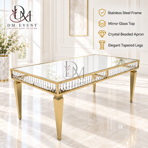 Mesa de Comedor de Lujo de Acero Inoxidable Dorado con Cubierta de Cristal Espejo y Detalles de Cristal, Cuatro Patas Cónicas, Proveedor Mayorista para Banquetes de Boda - Product Image 1