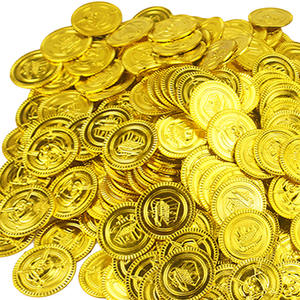 Monete d'oro artificiali pirata e fiches finte da gioco oggetti di scena della lotteria per decorazioni per feste e giochi di caccia al tesoro borsa da 100 pezzi - Product Image 4