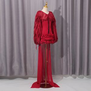 AIMEISI moda Irregular Fishbones elegante un hombro encaje tren vestidos fiesta noche mujeres lujo corto <span class=keywords><strong>Porm</strong></span> vestido - Product Image 4