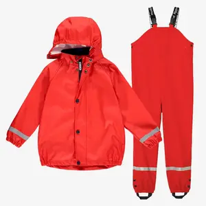 boys girls hooded warm cotton lining strech pu rain jacket and trouser sports outwear waterproof fashion kids rain coat lined
